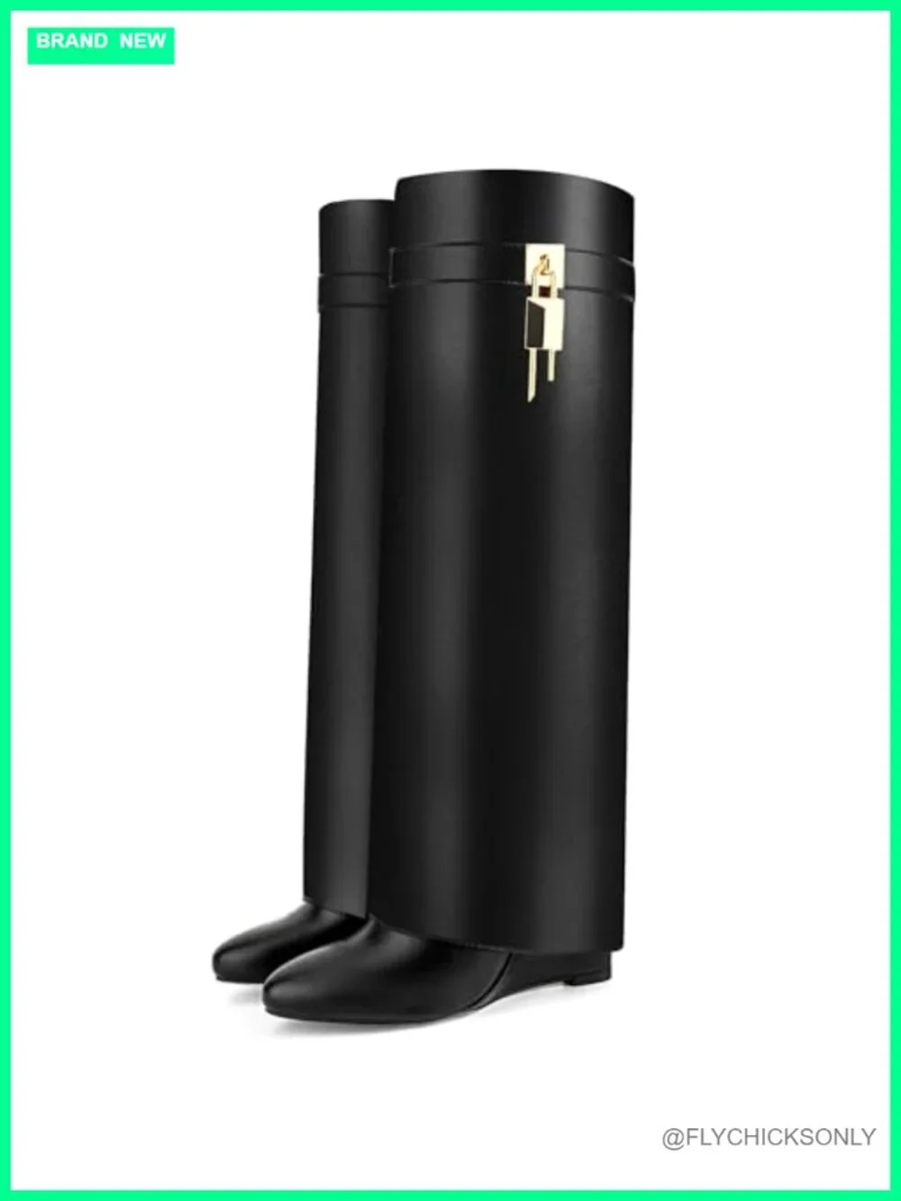Fold Over Over-the-Knee Wedge Boots Faux Leather Side Zipper Padlock